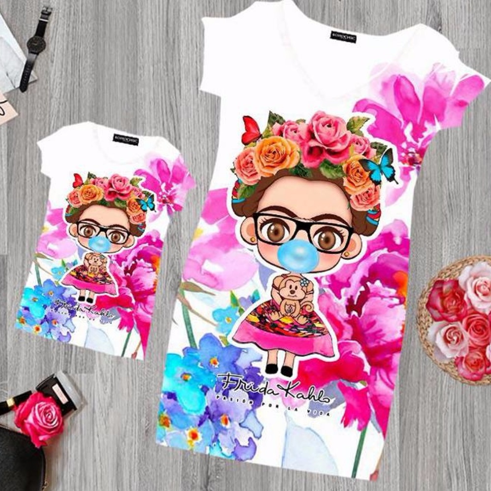 Mexican Frida Kahlo Dress Bubble Gum Stretchable